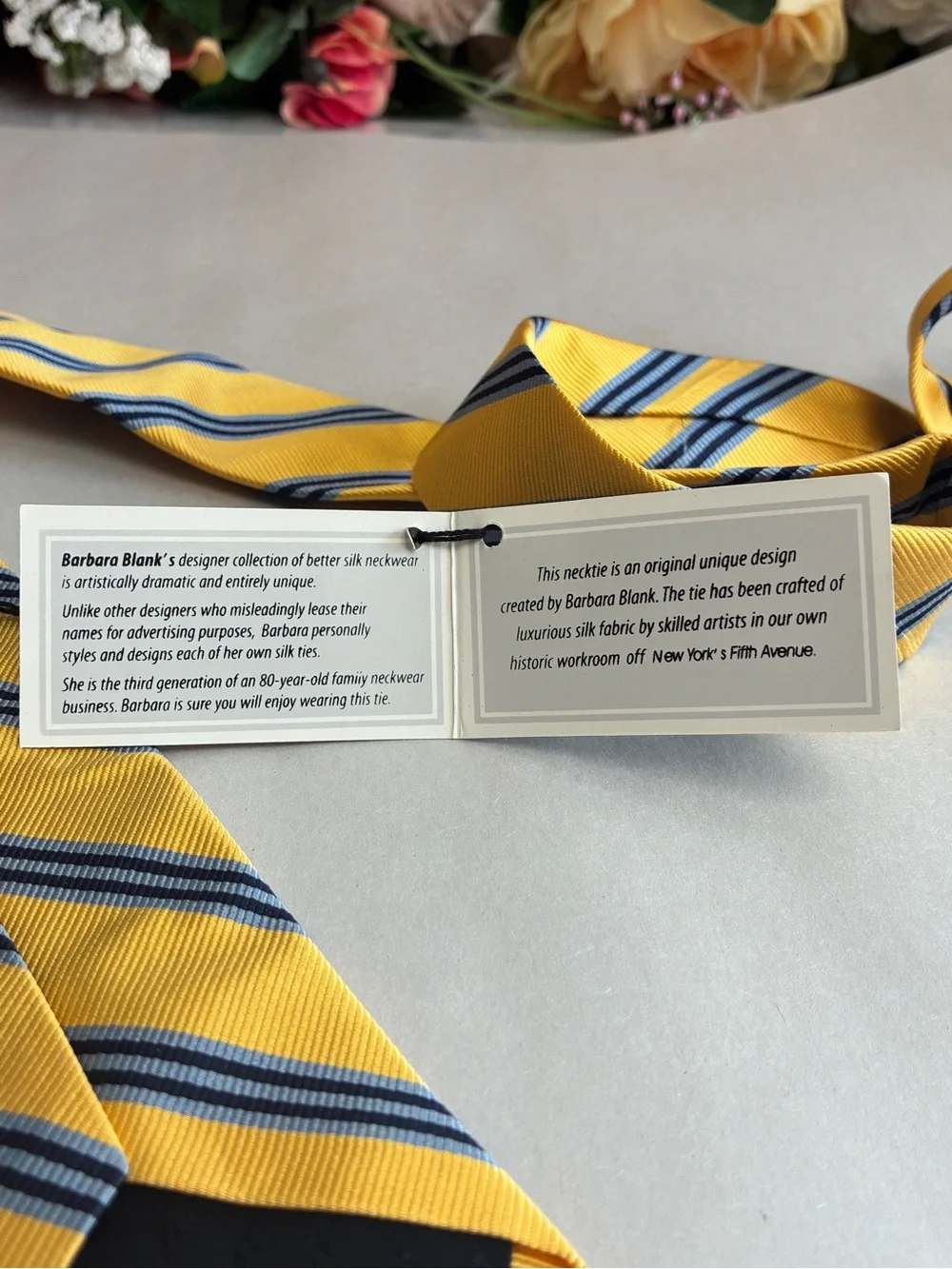 Barbara Blank Designer Collection Silk Striped Necktie Yellow Blue Handmade NY
